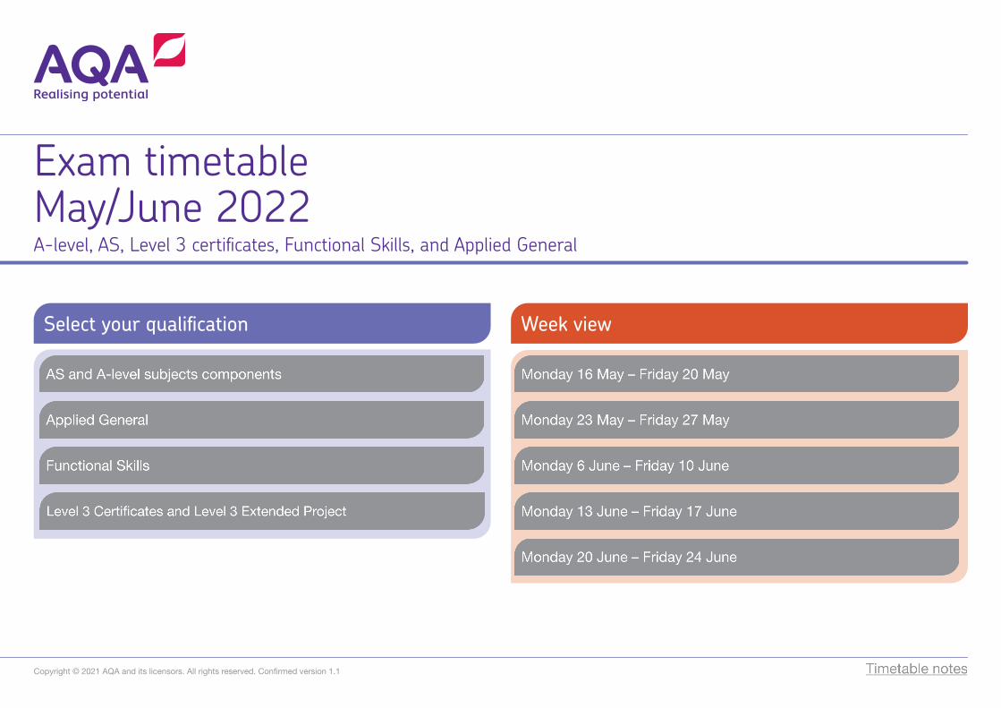 (PDF) May/June 2022 confirmed exam timetable Alevel, AS AQA